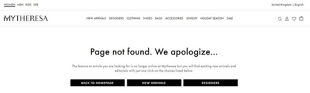 Las creaciones del diseñador estaban previamente clasificadas y puestas a la venta en Net-a-Porter y MyTheresa, pero las búsquedas para encontrarlas hoy solo arrojan mensajes de error.