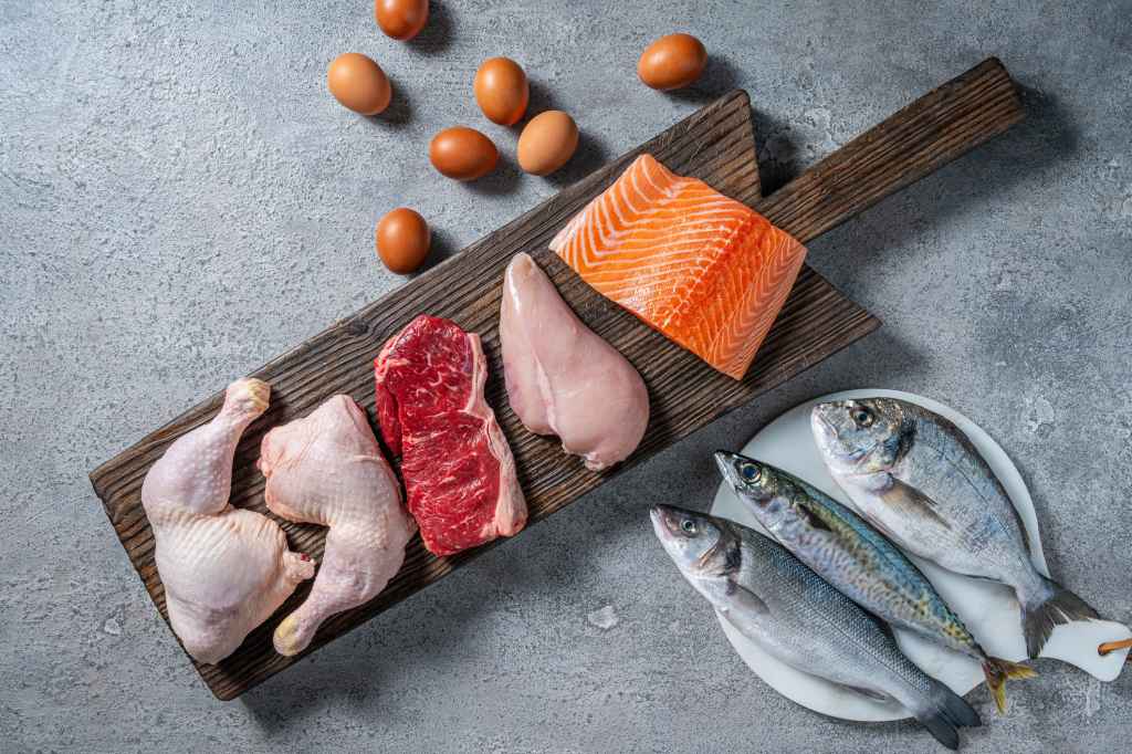 Varias fuentes de proteínas, incluidos huevos, pescado y animales, para bajar de peso.