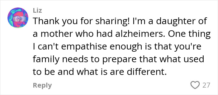 Las opiniones de compartir sus sentimientos como una madre de una persona con Alzheimer's, discutieron el propósito familiar.