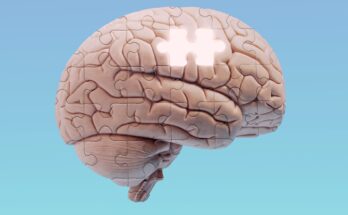 an illustration of a human brain overlaid with puzzle shapes, with one puzzle piece missing