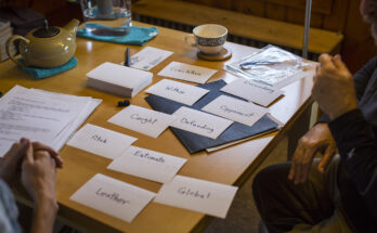 Flashcards spread out across a table as two people sit on either side of it, one with hands clasped, the other with hands resting naturally in front of them. Only their hands are visible and not the rest of their bodies.