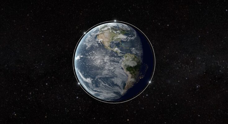 Earth surrounded by four white points of light.