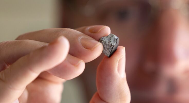 A man wearing glasses is pictured holding a small stony meteorite between his thumb and pointer finger.