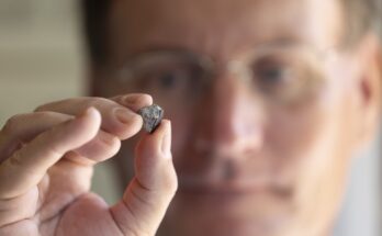 A photograph of a researcher holding up a piece of the McDonough Meteorite.