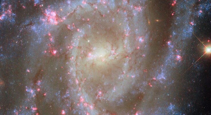 A face-on spiral galaxy. Its center glows bright yellow. The galaxy’s spiral arms contain sparkling blue stars, pink spots of star formation, and dark threads of dust that follow the arms.