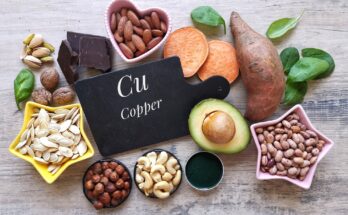 Natural food sources of copper with chemical symbol Cu.