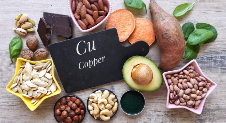 Natural food sources of copper with chemical symbol Cu.