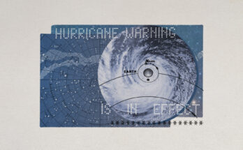 Photo collage of hurricane warnings, a map of the Milky Way, and the night sky