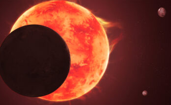 An illustration showing a dark sphere hiding behind a glowing orange one, with two smaller spheres farther away in the bottom and top right corners of the image