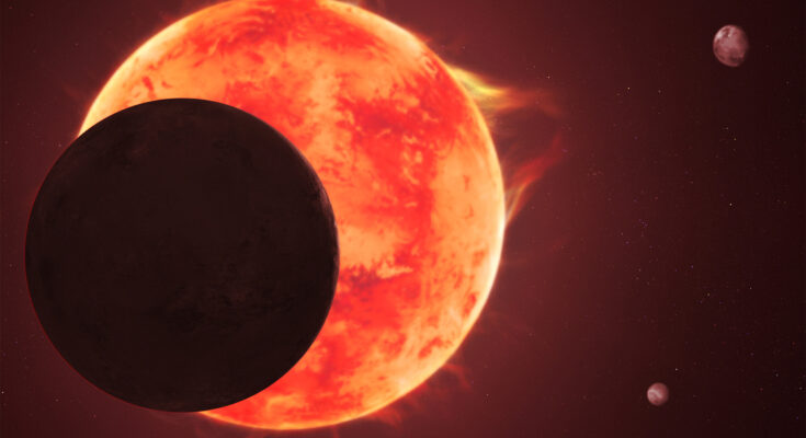 An illustration showing a dark sphere hiding behind a glowing orange one, with two smaller spheres farther away in the bottom and top right corners of the image
