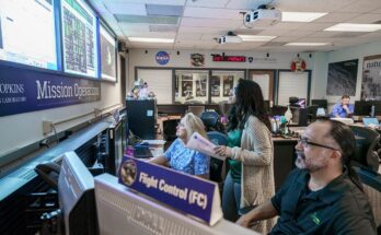flight controllers upload new flight software to NASA’s New Horizons spacecraft from the Mission Operations Center