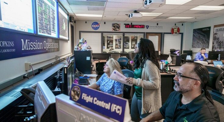 flight controllers upload new flight software to NASA’s New Horizons spacecraft from the Mission Operations Center