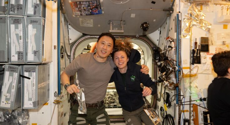 NASA astronauts Jonny Kim and Zena Cardman, both Expedition 73 Flight Engineers, pose for a portrait inside the International Space Station's Unity module during a break in weekend housecleaning and maintenance activities. Kim and Cardman are both part of NASA Astronaut Group 22 selected in June 2017 with 12 other astronauts, including two Canadian Space Agency astronauts, and affectionately nicknamed "The Turtles."