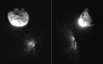 Two side-by-side black and white images of the Didymos asteroid system taken 20 seconds apart. Left: Didymos is a bright rounded object, in the upper left third of the image. It is brightly lit from below. Underneath and to the right, the much smaller asteroid Dimorphos is a small, gray dot with a plume of light, radial streaks bursting out from its left half. Right: Twenty seconds later, Didymos has rotated so its right half is more in shadow and its lower left half is brightly lit, as though a light bulb sits on its surface. Dimorphos and Didymos have moved relative to each other, so now Dimorphos is to the right of Didymos, but still below it. The ejected plume has expanded further out into space.