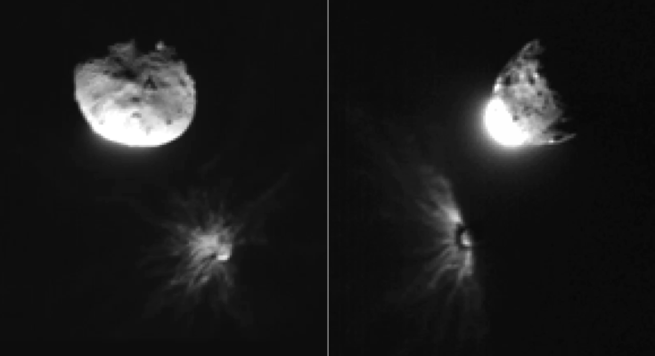 Two side-by-side black and white images of the Didymos asteroid system taken 20 seconds apart. Left: Didymos is a bright rounded object, in the upper left third of the image. It is brightly lit from below. Underneath and to the right, the much smaller asteroid Dimorphos is a small, gray dot with a plume of light, radial streaks bursting out from its left half. Right: Twenty seconds later, Didymos has rotated so its right half is more in shadow and its lower left half is brightly lit, as though a light bulb sits on its surface. Dimorphos and Didymos have moved relative to each other, so now Dimorphos is to the right of Didymos, but still below it. The ejected plume has expanded further out into space.