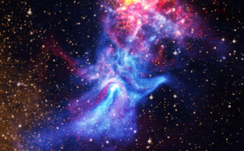 Near the center of these images lies the pulsar B1509-58, a rapidly spinning neutron star that is only about 12 miles in diameter. This tiny object is responsible for producing an intricate nebula (called MSH 15-52) that spans over 150 light-years, or about 900 trillion miles. The nebula, which is produced by energetic particles, resembles a human hand with a palm and extended fingers pointing to the upper right in a view from NASA's Chandra X-ray Observatory. Radio data from the Australia Telescope Compact Array (ATCA) provides new information about this exploded star and its environment. This image also contains optical data of hydrogen gas. The bright red and gold areas near the top of the image show the remains of the supernova that formed the pulsar.