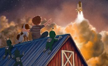 A child seated on the roof of a barn, their arm draped around a dog, watching a space shuttle blast off in the distance. The two are joined by three extraterrestrial beings that also watch in awe.