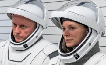 NASA astronauts Mike Fincke (left) and Zena Cardman photographed during training for their trip to the International Space Station at SpaceX facilities in Florida.