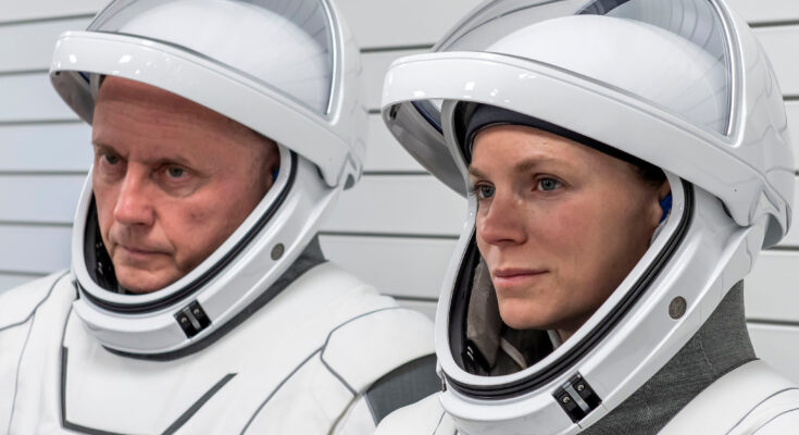 NASA astronauts Mike Fincke (left) and Zena Cardman photographed during training for their trip to the International Space Station at SpaceX facilities in Florida.