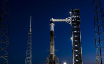 A SpaceX Falcon 9 rocket, with the company’s Dragon spacecraft, stands in a vertical position at Space Launch Complex 40 at Cape Canaveral Space Force Station in Florida on Tuesday, March 19, 2024