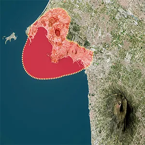 Mira el satélite a los campos y las solfatra gaters del supervolcano de caldera llamado Nápoles, Italia. Es un piloto de campamento de campamento, incluido el Monte Vesubio. Crédito: geología