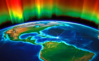 Illustration of the South Atlantic Anomaly affecting Earth's magnetic field and space technology.