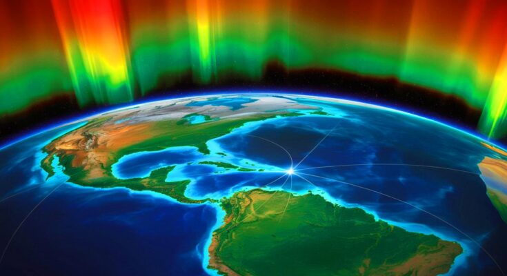 Illustration of the South Atlantic Anomaly affecting Earth's magnetic field and space technology.