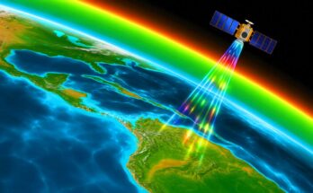 Illustration of the South Atlantic Anomaly affecting Earth's magnetic field and space technology.