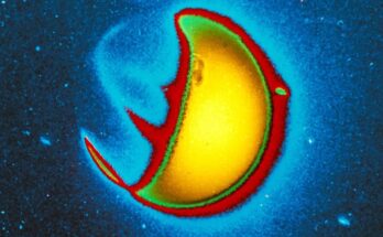 A false-color, close-up image of Earth’s exosphere as captured by the Carruthers Geocorona Observatory against a dark blue background. The image shows a semicircle glowing yellow and outlined in red.