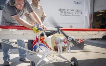 One man manages engine speed with a hand-held controller, while another firmly holds the subscale aircraft in place.