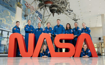 A photo depicting a group of NASA astronauts in blue spacesuits.