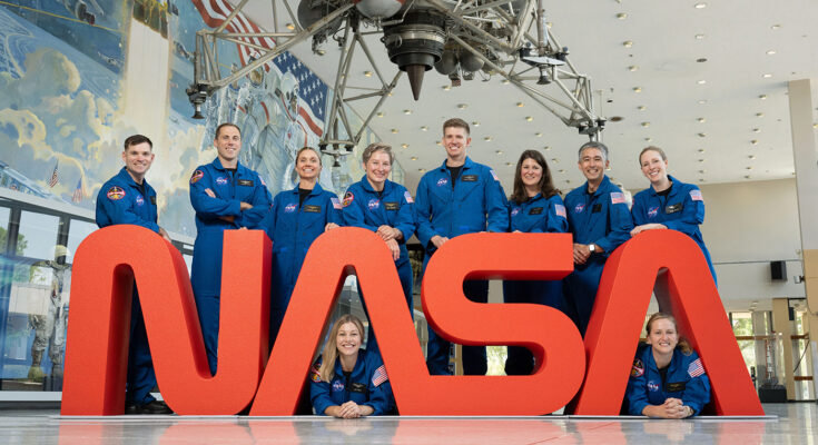 A photo depicting a group of NASA astronauts in blue spacesuits.