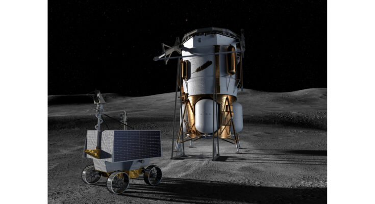 This artist&rsquo;s concept shows Blue Origin&rsquo;s Blue Moon Mark 1 lander and NASA&rsquo;s VIPER (Volatiles Investigating Polar Exploration Rover) on the lunar surface.
