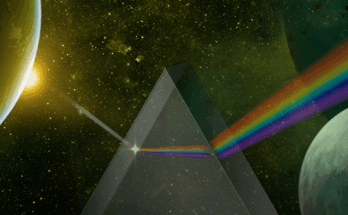 Starlight travels through a prism and comes out as a rainble of color. Around the prism are three exoplanets.