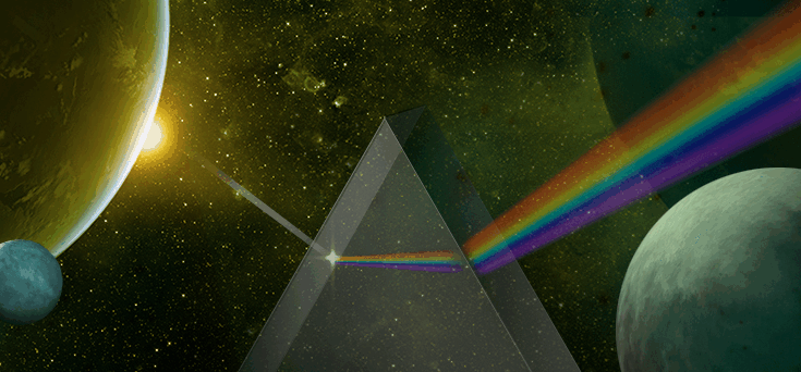 Starlight travels through a prism and comes out as a rainble of color. Around the prism are three exoplanets.