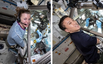 NASA astronauts Zena Cardman and Jonny Kim are pictured working in the Kibo laboratory module's Life Science Glovebox processing bone stem cell samples to understand space-caused bone loss.