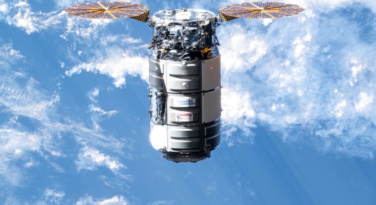 Northrop Grumman's Cygnus cargo craft, carrying 8,200 pounds of science and supplies, approaches the International Space Station for a capture with the Canadarm2 robotic arm commanded by Expedition 71 Flight Engineer Matthew Dominick of NASA. The maneuver marked the 50th free-flying capture for the Canadarm2 robotic arm.