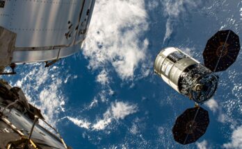 Northrop Grumman's Cygnus space freighter begins its departure from the International Space Station after being released from the Canadarm2 robotic arm completing a seven-and-a-half-month cargo mission attached to the Unity module.