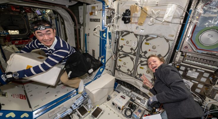 Expedition 73 Flight Engineers Kimiya Yui of JAXA (Japan Aerospace Exploration Agency) and Zena Cardman of NASA unpack some of the science, supplies, and hardware delivered aboard the SpaceX Dragon cargo spacecraft and begin installing the new gear inside the International Space Station.