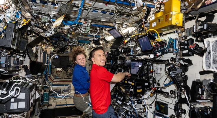 NASA astronauts Zena Cardman and Jonny Kim, both NASA astronauts, practice Canadarm2 robotic arm maneuvers on the Destiny laboratory module's robotics workstation. Kim commanded the Canadarm2 two days later to capture Northrop Grumman's Cygnus XL cargo craft with Cardman backing him up as the spacecraft arrived at the International Space Station.