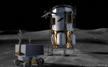 This artist’s concept shows Blue Origin’s Blue Moon Mark 1 lander and NASA’s VIPER (Volatiles Investigating Polar Exploration Rover) on the lunar surface.
