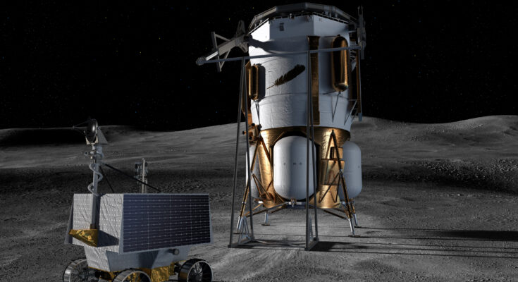 This artist’s concept shows Blue Origin’s Blue Moon Mark 1 lander and NASA’s VIPER (Volatiles Investigating Polar Exploration Rover) on the lunar surface.