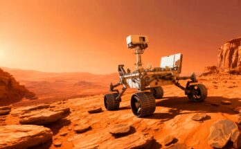 Illustration of NASA's Mars rover exploring the Martian surface in search of signs of ancient life.