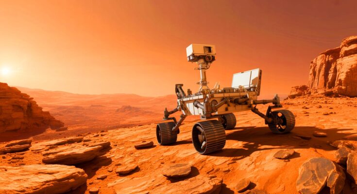 Illustration of NASA's Mars rover exploring the Martian surface in search of signs of ancient life.