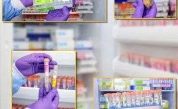 Gloved hands handle labeled biological sample vials and trays in a laboratory freezer, with inset images showing close-ups of organized samples and storage racks.