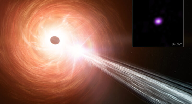 An artist's concept of a supermassive black hole, a surrounding disk of material falling towards the black hole and a jet containing particles moving away at close to the speed of light. This black hole represents a recently-discovered quasar powered by a black hole. New Chandra observations indicate that the black hole is growing at a rate that exceeds the usual limit for black holes, called the Eddington Limit. Credit: NASA/CXC/SAO/M. Weiss