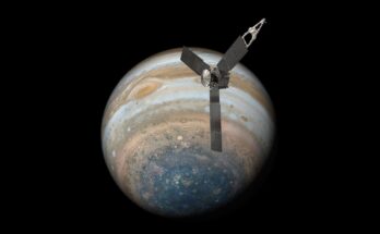 A visualization of NASA's Juno probe orbiting Jupiter.