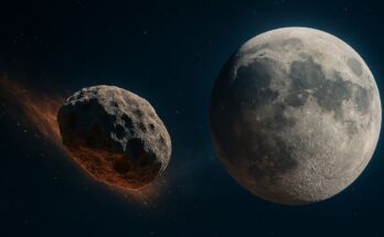 Asteroid 2024 YR4 depicted approaching the Moon; NASA weighs a rescue mission and possible nuclear device to shield satellites and Earth. Credit: Maciej Bartusik/Copilot AI.