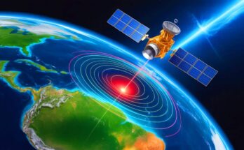 Illustration of the South Atlantic Anomaly affecting Earth's magnetic field and space technology.