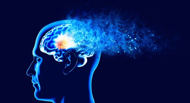 Memory lapses, forgetting things, degenerative disease. Brain problems. Parkinson and alzheimer desease. Mental health. Stroke, synapses and neurnons interaction. Face side view. 3d rendering